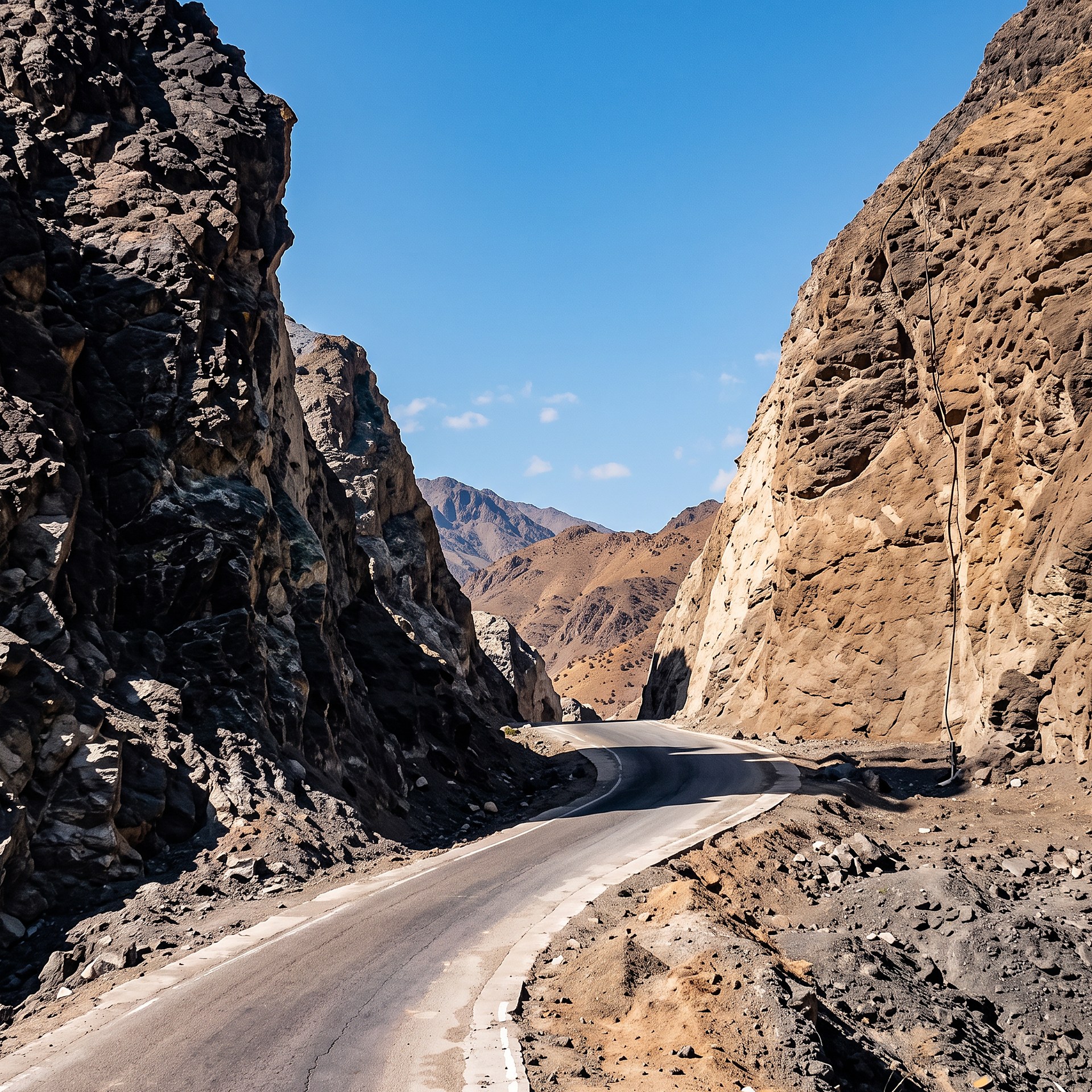 Completed asphalt highway curving between rocky mountains near Turbat, Balochistan