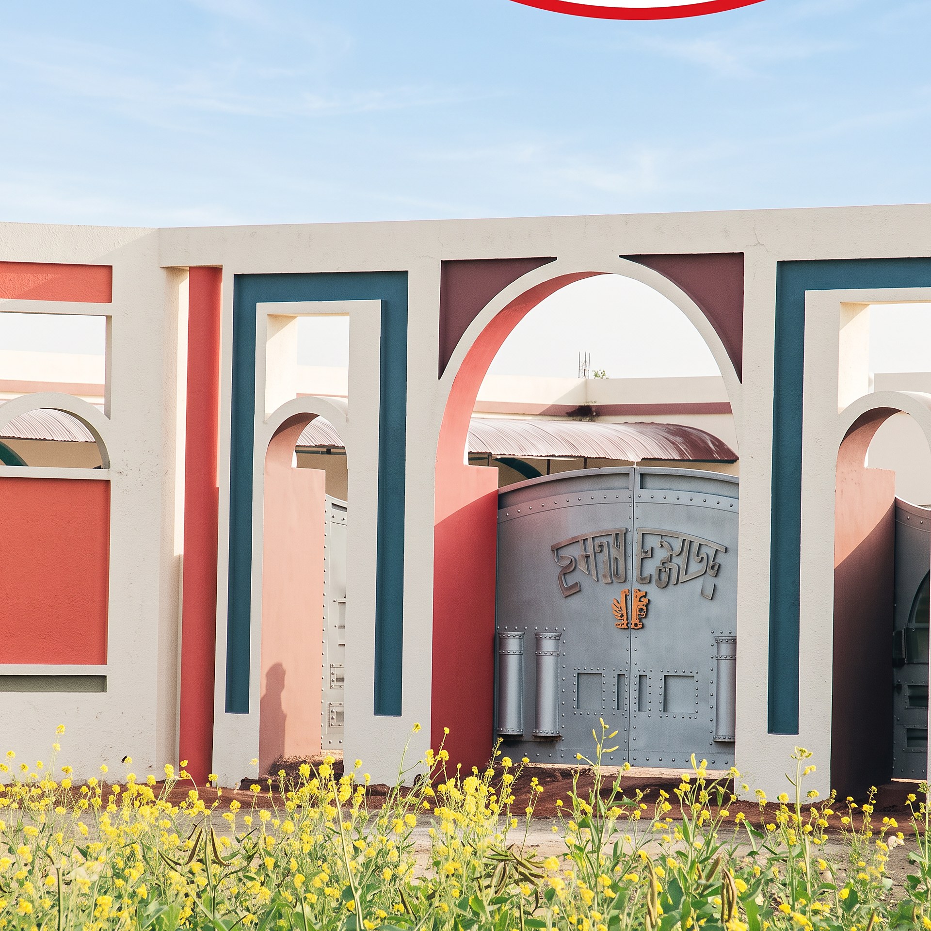 Completed humanitarian facility with red and white facade built with the UAE Red Crescent